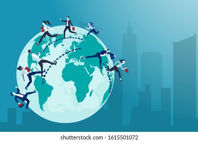 Global business concept. Vector of business people running from one country to the other  