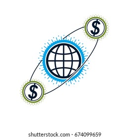 Global Business creative logo, unique vector symbol created with different elements. Global Financial System. World Economy.