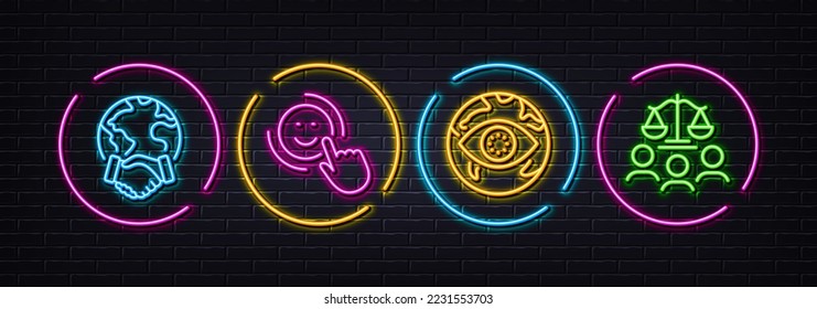 Global business, Cyber attack and Smile minimal line icons. Neon laser 3d lights. Court jury icons. For web, application, printing. Outsourcing, Web phishing, Positive feedback. Justice scale. Vector