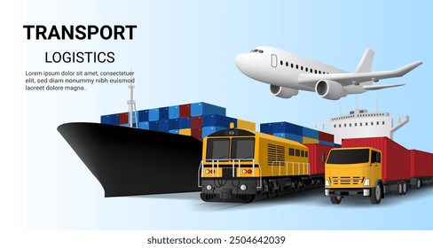 Global business delivery logistics. Global logistics. rail transportation, Train, Cargo ship, airplane, truck, warehouse, World wide, cargo export, import, container transport. 3d Vector illustration