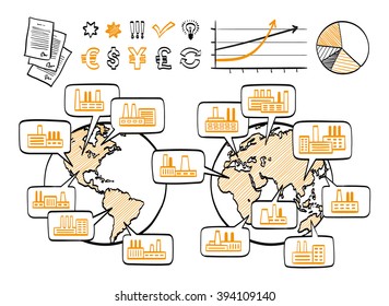 Global Business Doodle Concept. Vector Hand Drawn Sketch Icons. Many Factories Around The World. Isolated On White Background.