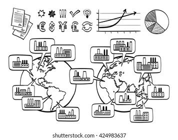 Global Business Doodle Concept. Vector Hand Drawn Sketch Icons. Many Factories Around The World. Isolated On White Background.