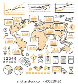 Global Business Doodle Concept. Vector Hand Drawn Sketch Icons. Many Factories Around The World. Isolated On White Background.