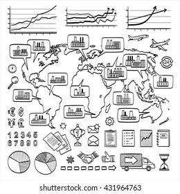 Global Business Doodle Concept. Vector Hand Drawn Sketch Icons. Many Factories Around The World. Isolated On White Background.