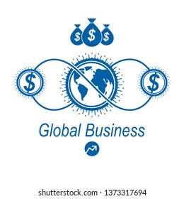 Global Business and E-Business creative logo, unique vector symbol created with different elements. Global Financial System. World Economy.