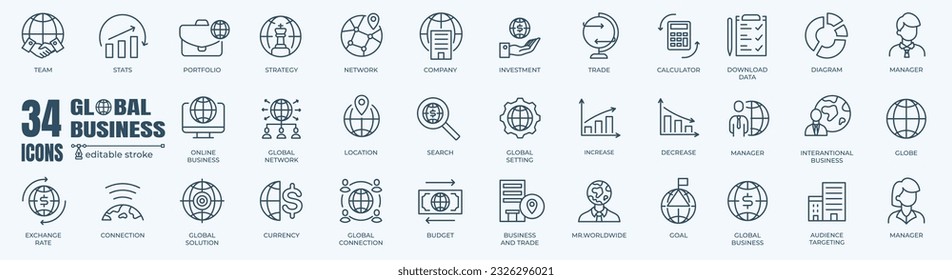 Global Business editable stroke pictogram and minimal thin line web icon set. Outline icons collection. Simple vector sign.