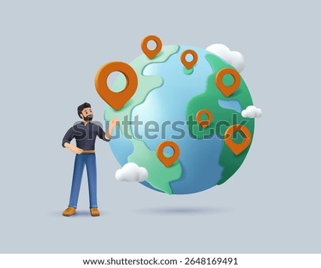 Global business expansion 3D render. Worldwide delivery. Open company branches, franchise in new location to cover all continent, growing business worldwide concept, businessman CEO put new branch pin
