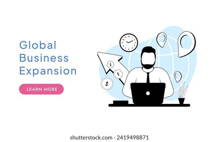 Global Business Expansion concept. Open International Branch Of Small Business. Man businessman works at laptop solving global problems of business expansion. Website template, landing page, layout