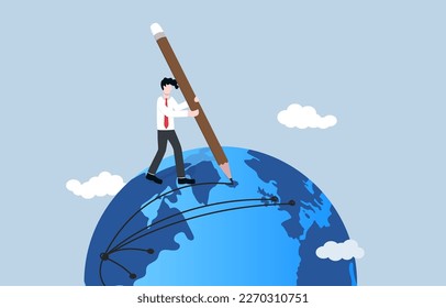 Global business expansion, extending a business into new international markets, company branches or franchise concept in oversea concept, Businessman drawing lines across world map on globe.