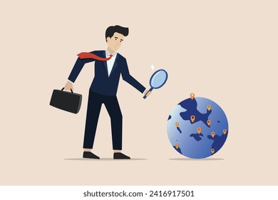 Global business expansion, franchises in new locations covering entire continents, business expansion worldwide, entrepreneurial CEO looking for new branch on world map using magnifying glass.