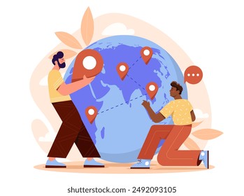 Global business expansion. Men with GPS markers on globe. International trade and globalization. Expansion of company or organization. Collaboration and cooperation. Flat vector illustration