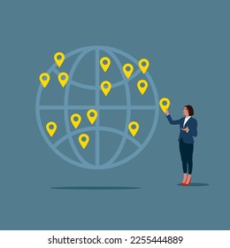 Global business expansion, open company branches, franchise in new location to cover all continent. Businesswoman put new branch pin on world map across globe. Modern vector illustration in flat style