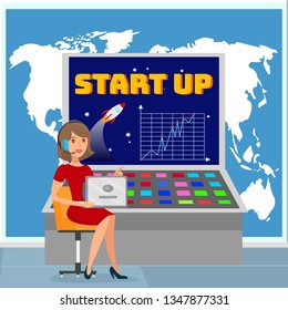 Global Business Expansion Plan Vector Illustration. Female Entrepreneur Sitting in Chair with Laptop Cartoon Character. International Business Development Strategy. Worldwide Trading Color Drawing
