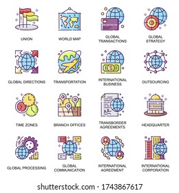 Global business flat icons set. Transborder agreement, world transportation and communication, processing, direction, outsourcing line pictogram for mobile app. International business vector icon pack