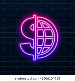 Global Business flat vector icon. neon style.Dollars currency money inside half of the world..