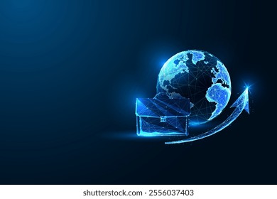 Global business growth concept featuring glowing globe, briefcase, and upward arrow on dark blue background. Representation of trade, success, and international economy. Abstract vector illustration.