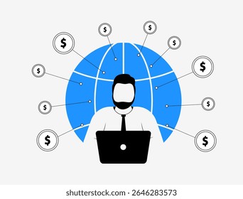Global business growth. Opening company branches, scaling franchise opportunities and driving global business expansion. International business management across continents. Vector illustration