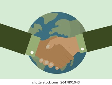 Global business handshake partnership on Earth background. International cooperation agreement suitable for corporate presentations and environmental campaigns. World unity. Vector illustration