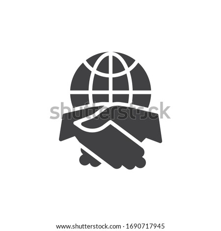 Global Business handshake vector icon. International business deal filled flat sign for mobile concept and web design. Amicable agreement glyph icon. Symbol, logo illustration. Vector graphics