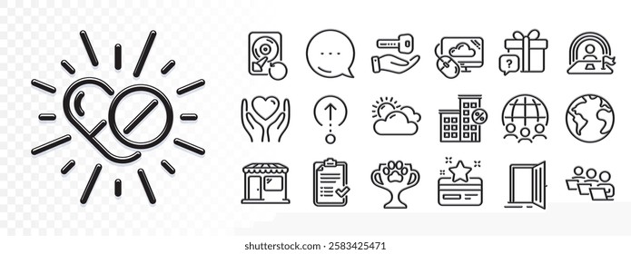 Global business, Hold heart and Swipe up line icons for web app. Glare of light effect. Message icon. Pack of Buying house, Secret gift, Winner cup pictogram icons. Vector