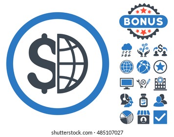 Global Business icon with bonus elements. Vector illustration style is flat iconic bicolor symbols, smooth blue colors, white background.