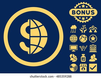 Global Business icon with bonus pictures. Vector illustration style is flat iconic symbols, yellow color, blue background.