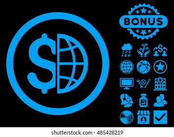 Global Business icon with bonus pictures. Vector illustration style is flat iconic symbols, blue color, black background.