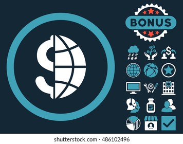 Global Business icon with bonus symbols. Vector illustration style is flat iconic bicolor symbols, blue and white colors, dark blue background.