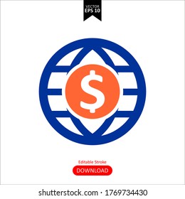 global business icon, money transaction vector, dollar earth icon, dollar symbol and illustration