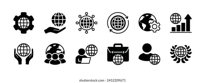 Conjunto de iconos de negocios globales. Conteniendo organización internacional, conexión mundial, unidad, crecimiento, gestión, empresario, cooperación, organización, asociación. Ilustración vectorial