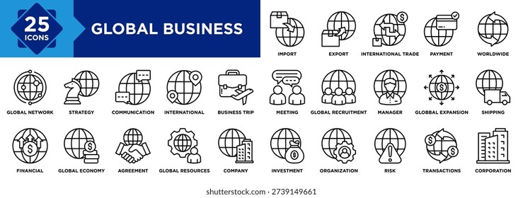 Global Business icon set. Containing design International Trade, Import, Export, Global Economy, Worldwide, Global Network