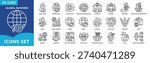 Global business icon set featuring world trade, globalization, international communication, export import, global economy, multinational corporation, leadership, strategy, online conference, and international sales for corporate and worldwide operations.