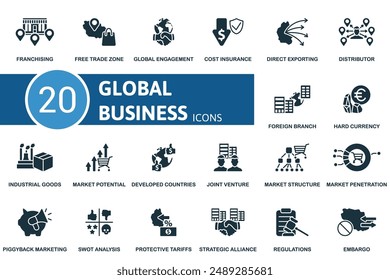 Global Business icon set. Franchising, Free Trade Zone, Global Engagement, Cost Insurance, Direct Exporting, Distributor, Foreign Branch, Hard Currency, Industrial Goods, Market Potential icons and