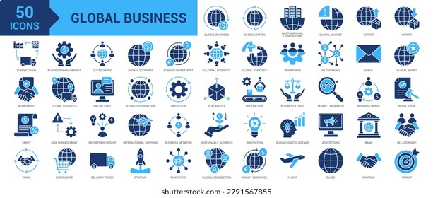 Global Business icon set. Globalization, outsourcing, multinational corporation, global market, export, import, supply chain, tariffs, agreement, trade and more. Solid vector icons