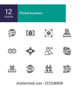 Global Business Icon Set. Line Icons Collection On White Background. Meeting, Success, Trade. Economics Concept. Can Be Used For Topics Like Finances, Collaboration, International Company