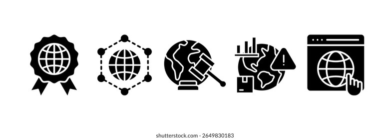 Global Business Icon Set Multiple Style Collection, Contendo Padrões Iso De Design, Rede De Distribuição, Regulamentação Internacional, Risco De Mercado Emergente, Plataforma Global