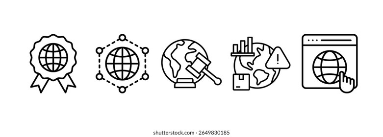 Global Business Icon Set Multiple Style Collection, Contendo Padrões Iso De Design, Rede De Distribuição, Regulamentação Internacional, Risco De Mercado Emergente, Plataforma Global