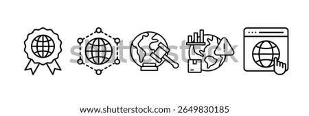 Global Business Icon Set Multiple Style Collection, Containing design Iso Standards, Distribution Network, International Regulation, Emerging Market Risk, Global Platform