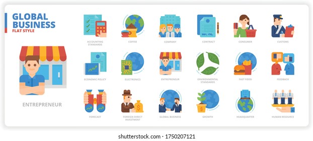 Global Business Icon Set For Web Design, Book, Magazine, Poster, Ads, App, Etc.