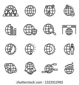 Global business icon set with white background. Thin Line Style stock vector. 