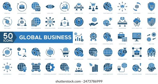 Global Business icon. World Pulse, Boundless Business, Global Marketplace, Global Vision, Borderless Growth, Bridging Cultures and United by Commerce