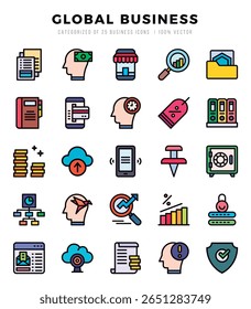 Global Business icons Pack. Lineal Color icons set. Global Business collection set.