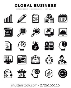 Conjunto de iconos de negocios globales. Ilustración vectorial.