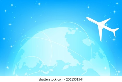 Global business image, glowing blue earth, airplanes and shining routes
