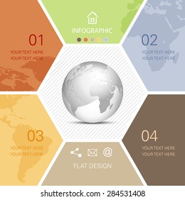 Global business infographic with globe and world map