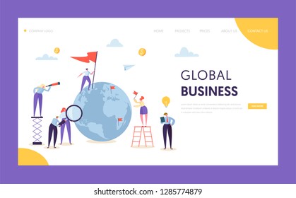 Global Business Leadership Flag Landing Page. Corporate Businessman Search Partnership in World Globe with Ladder. Worldwide Creative Idea Concept for Website or Web Page Flat Vector Illustration