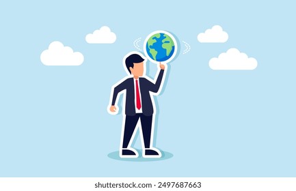 Global business leadership in world economy, power to control and succeed in the global network, concept of A smart businessman manager spins the globe on his strong finger