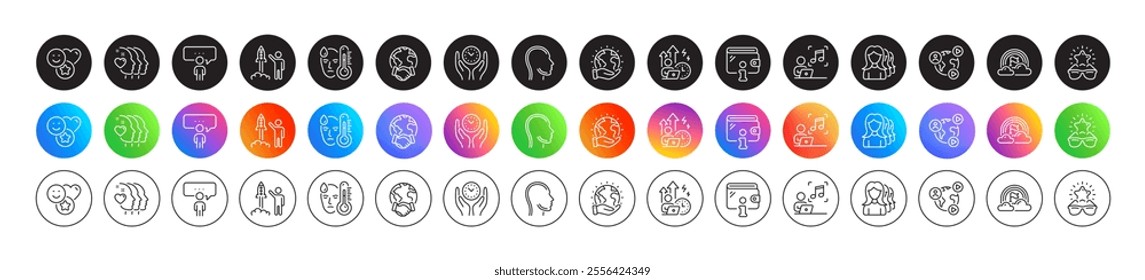 Global business, Lgbt and Fever line icons. Round icon gradient buttons. Pack of Best glasses, Consulting business, Save planet icon. Friends couple, Smile, Video conference pictogram. Vector