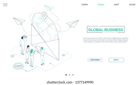 Global Business - Line Design Style Isometric Web Banner On White Background With Copy Space For Text. A Header With Male, Female Colleagues, Big Envelope With A Globe Inside. Email Marketing Concept