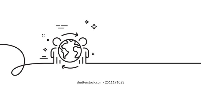 Ícone de linha de negócios global. Uma linha contínua com curva. Sinal de terceirização internacional. Símbolo de marketing na Internet. Faixa de opções de estrutura única de negócios global. Padrão de curva de loop. Vetor